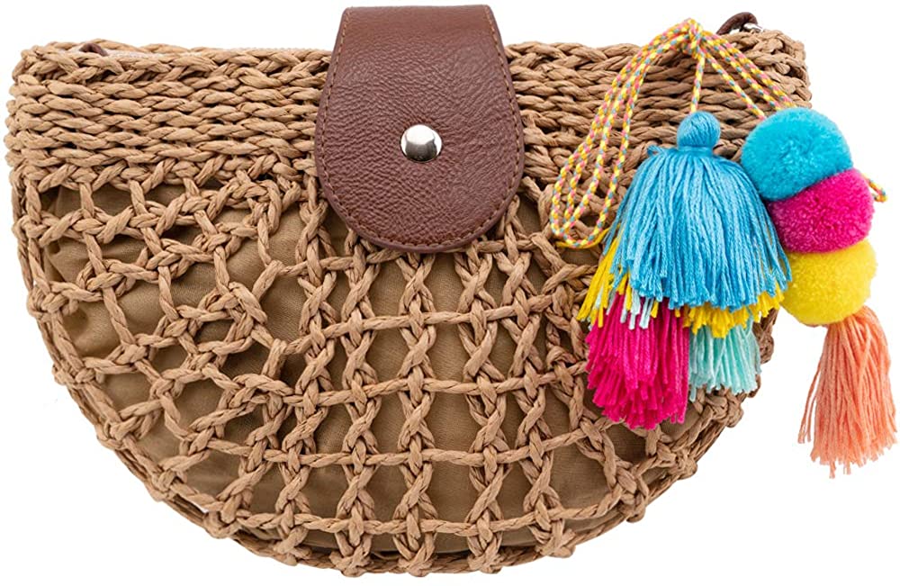 Price:$19.99 Summer Beach Woven Straw Bag Handmade Shoulder Bag Retro Style with Colorful Tassels  Handbags   