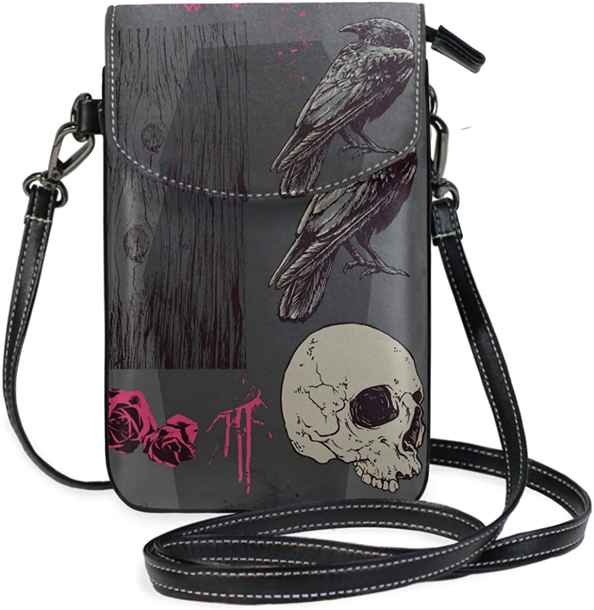 Price:$22.99 Rose Skull Crossbody Phone Purse Small Mini shoulder Bag Cell Phone Pouch Leather Wallet for Women Girls  Handbags   