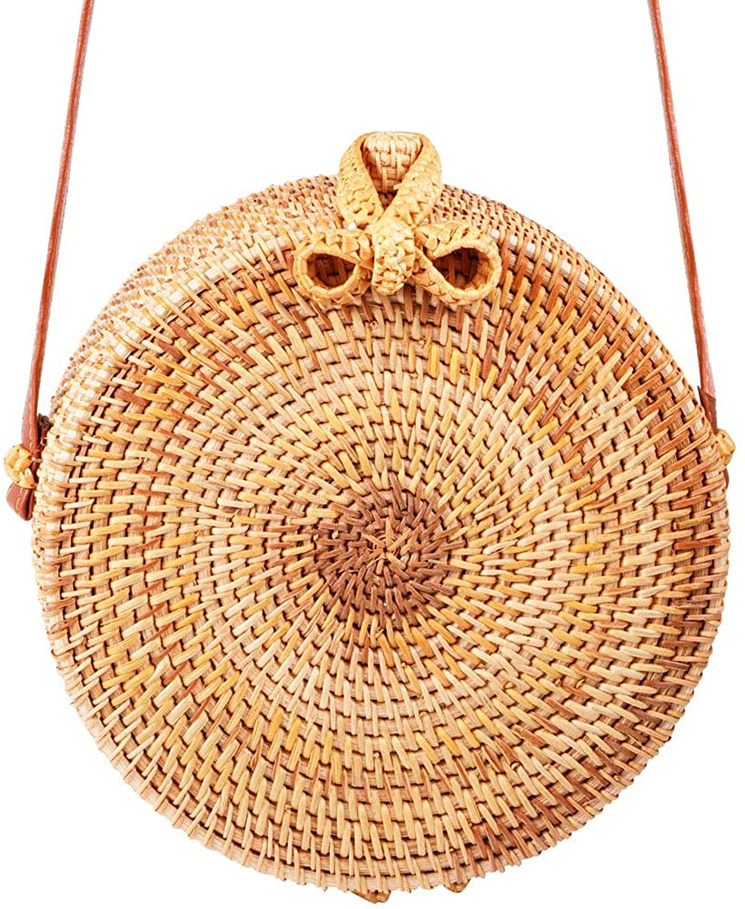Price:$26.99 Handwoven Round Rattan Bag, Shoulder Leather Straps Natural Straw Bag, Circle Tropical Beach Crossbody Bag  Handbags   
