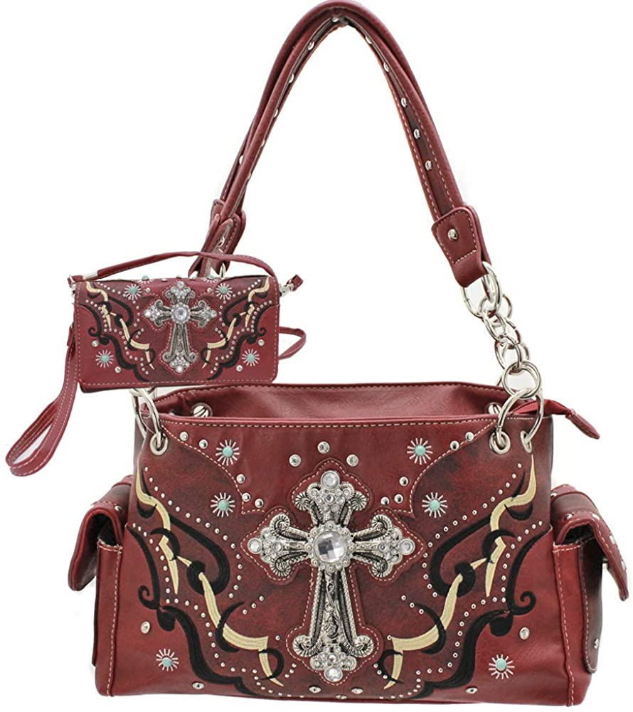Price:$59.99 Western Cross Concealed Carry Weapon Purse Handbag Wallet Set (Red)  Handbags   