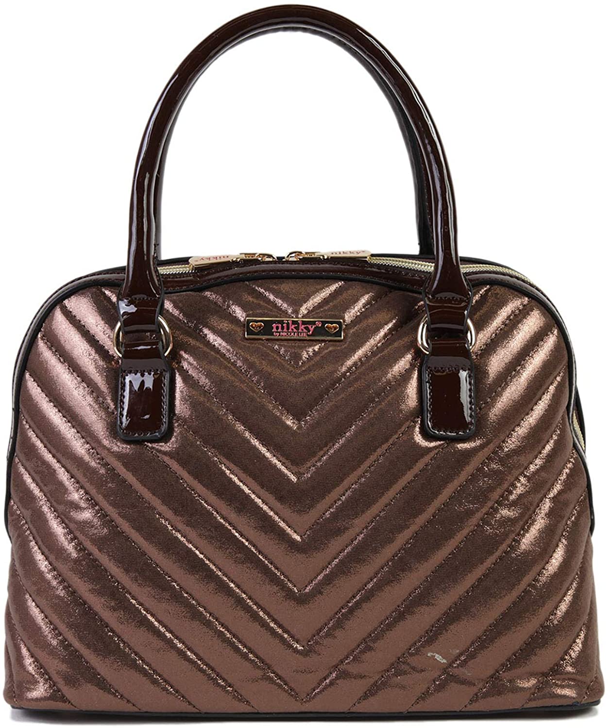 Price:$24.48    Nikky Women's Quilted Metallic Double Zip Brown Satchel Bag with Shoulder Strap, Bronze, One Size  Clothing