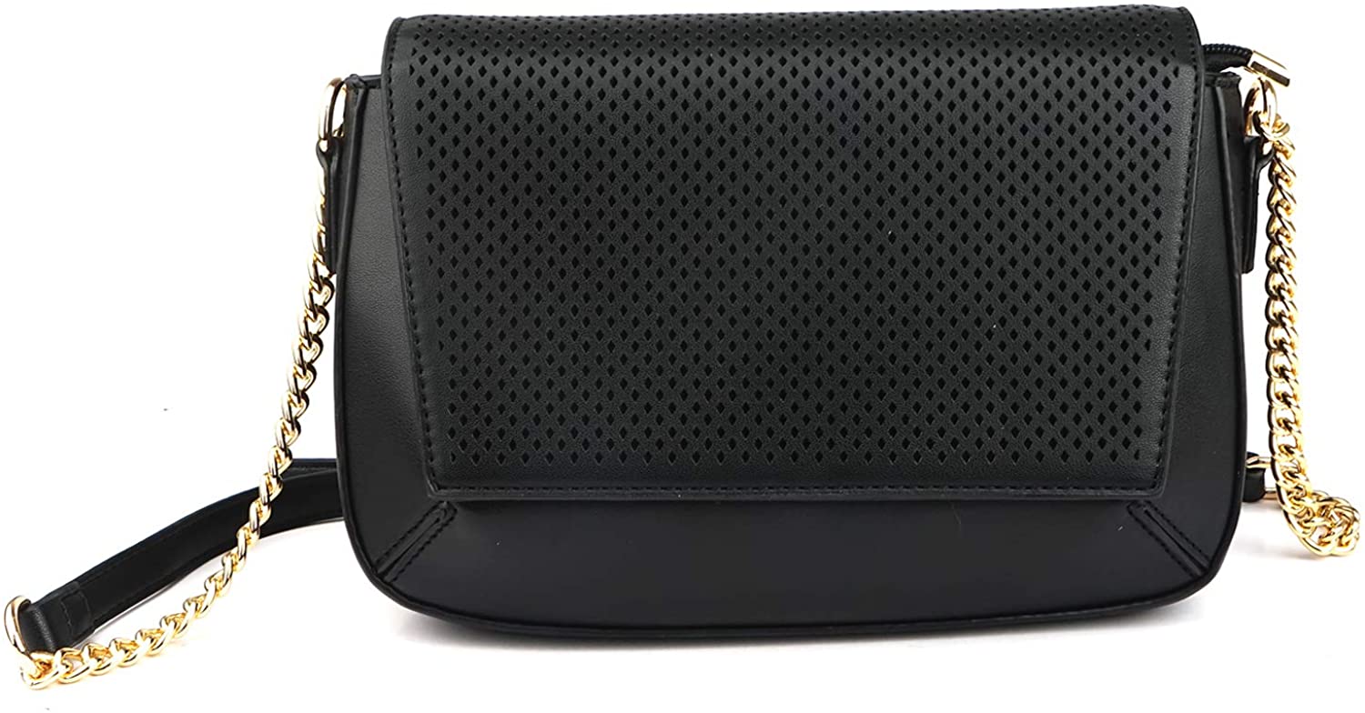 Price:$19.99 Crossbody Bag For Women Flap Purses With Chin Strap Shoulder Handbags Vegan Leather Medium Size (Black)  Handbags   