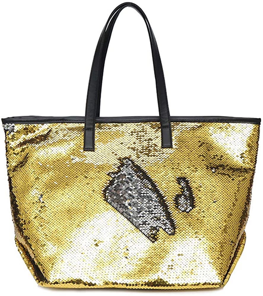Price:$32.99    QTKJ Fashion Two Tone Reversible Sequin Big Tote Bag Zipper Shoulder Bag with Leather Shoulder Straps (Gold)  Clothing
