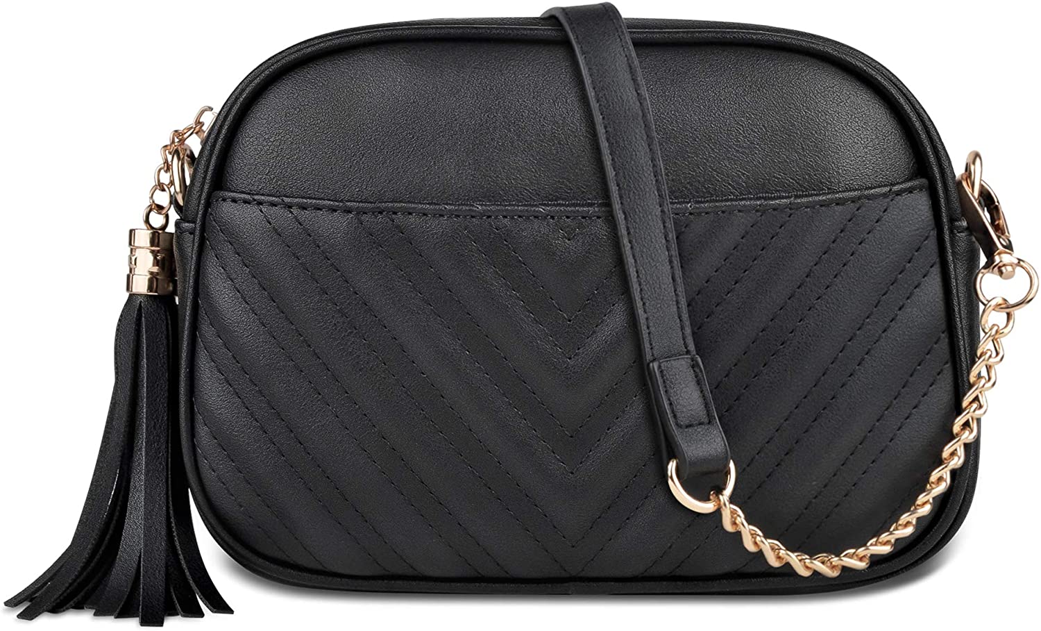 Price:$18.99 Quilted Crossbody Bag with Tassel and Chain Strap Lightweight Zipper Classic Wallet Clutch Wristlet for Women Girls (Black-2)  Handbags   