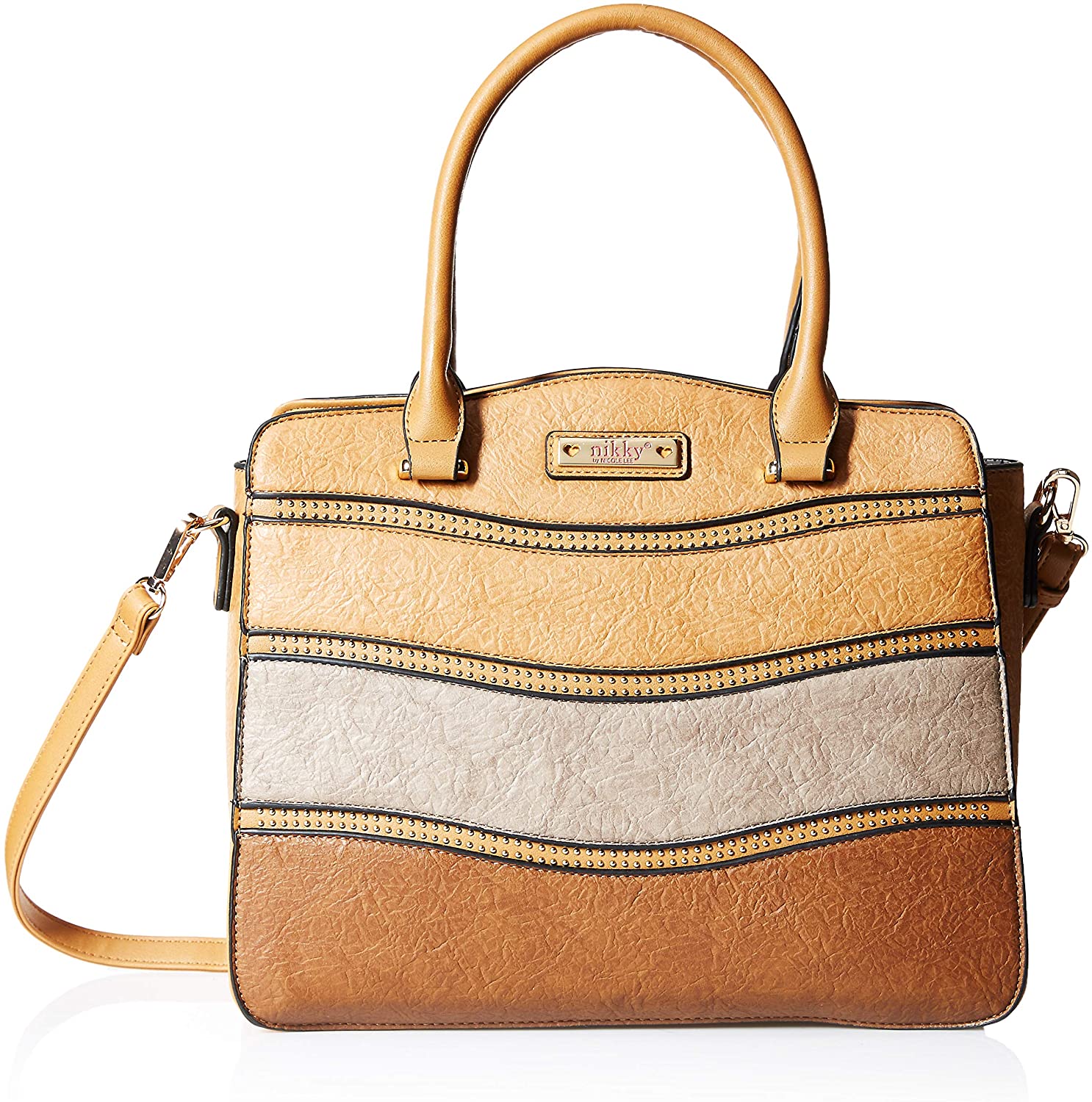 Price:$0.00    Nikky Women's Striped Eco Leather Brown Satchel Bag, Zip Closure, Shoulder Strap, Coffee, One Size  Clothing