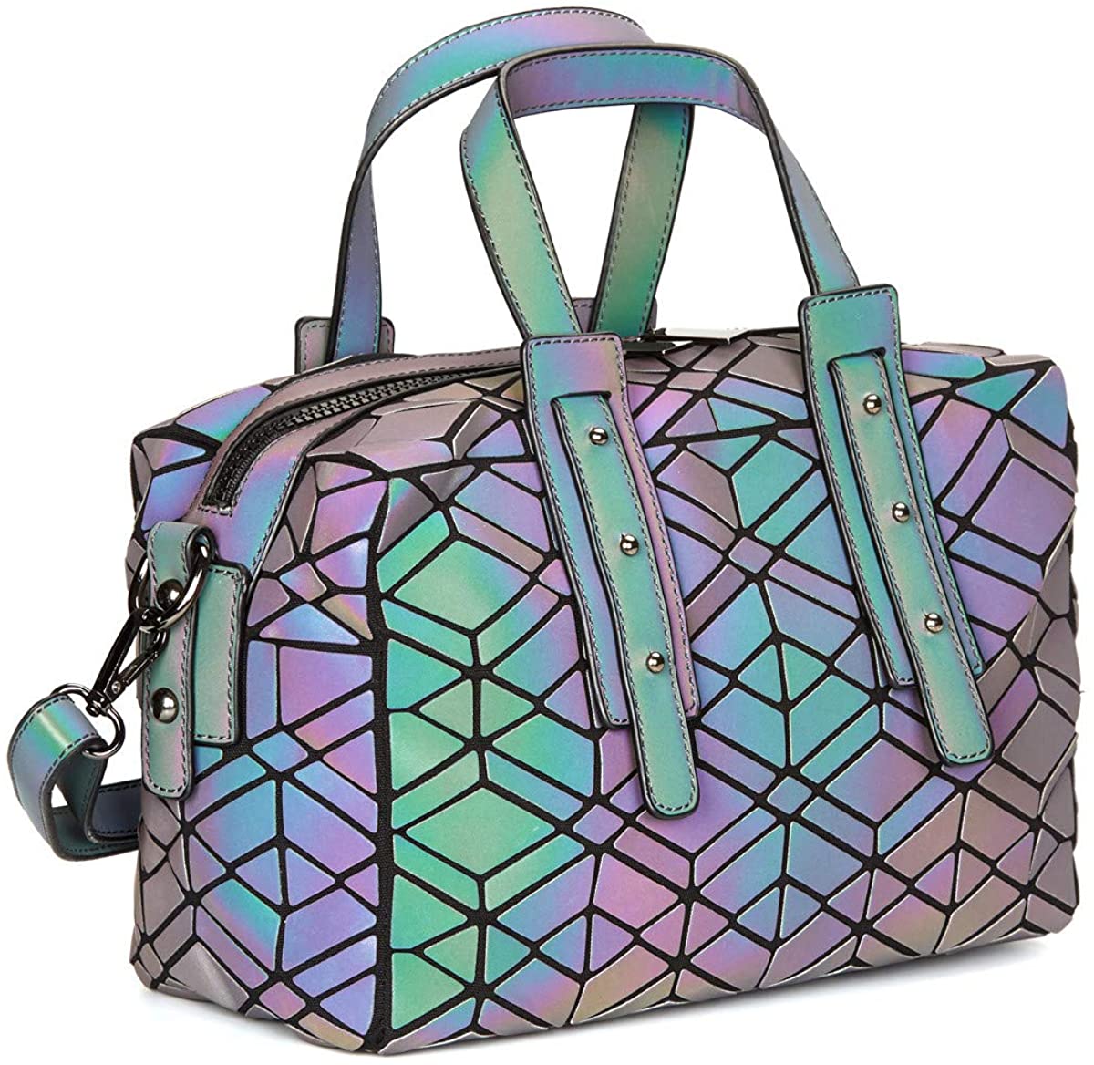 Price:$35.99    GOWETION Women Geometric Holographic Purses Luminous Handbags Large Tote Top-Handle Multiple Quadrilaterals Leather Reflective Bag Shoulder Crossbody Purses For Girl Bags Colorful Satchel Handbags  Clothing