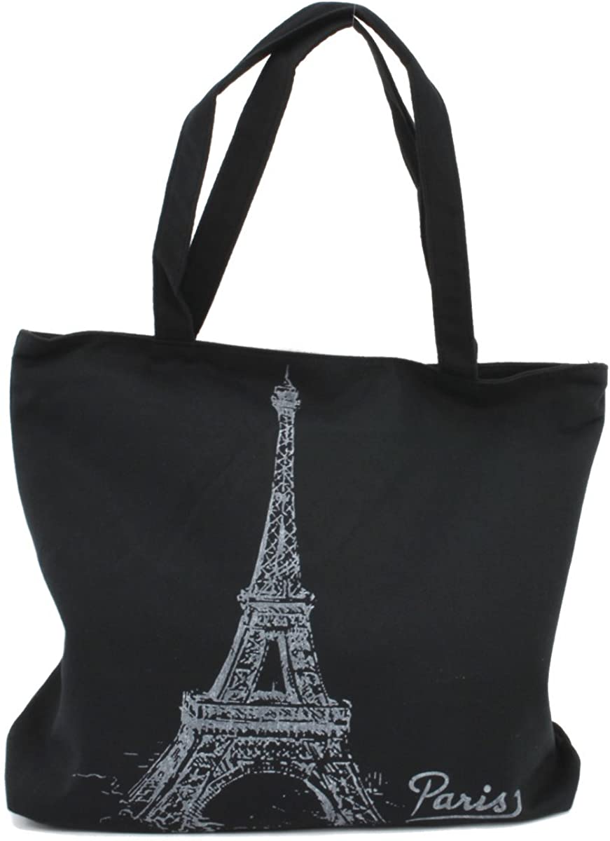 Price:$17.18    LSW Eiffel Tower Canvas Shoulder Tote Bag (Black)  Clothing