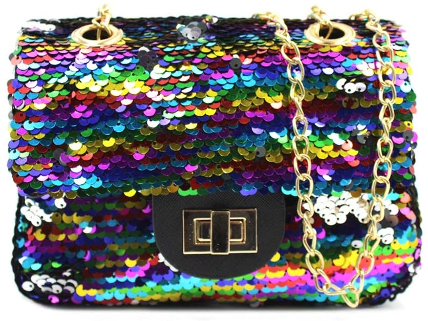 Price:$17.98    Women Girls Sequin Crossbody Purse Shoulder Bag Rainbow Reversible Pouch Chains  Clothing