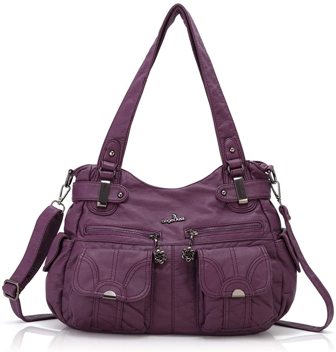 Price:$39.99    Women Handbags Shoulder Bags Washed Leather Satchel Tote Bag Mutipocket Purse (5739 Purple)  Clothing