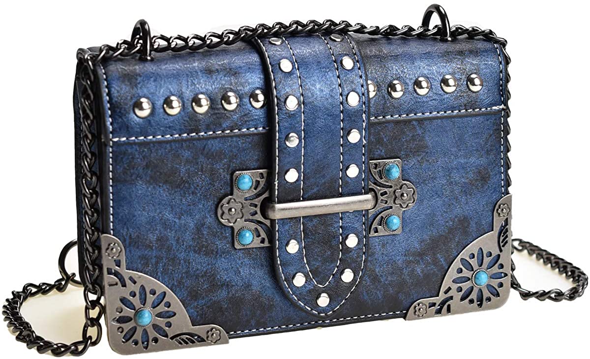 Price:$20.89 Crossbody Bag Fashion Rivet Chain Bag PU Leather Messenger Bag Shoulder Bag Side Purse Hand Bag for Women and Girls (Blue)  Handbags   