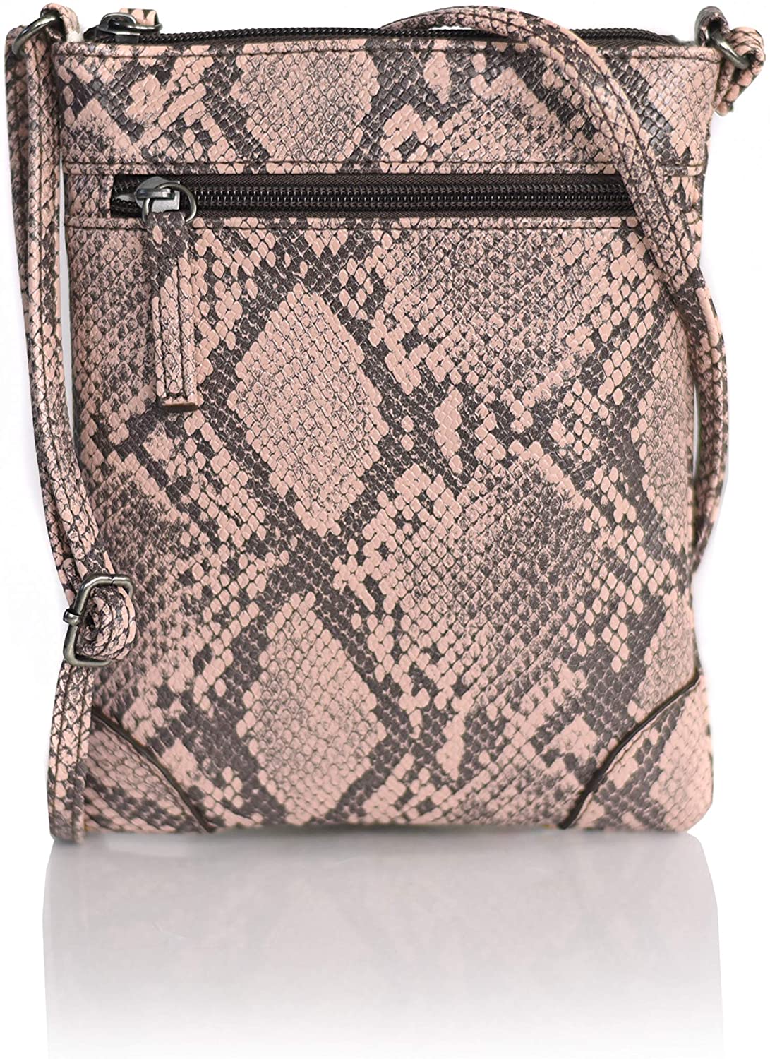 Price:$14.95 Snakeskin Mini Vegan Leather Crossbody Purse Small Adjustable Festival Shoulder Bag (Black and Blush Pink Snake Skin Bag)  Handbags   