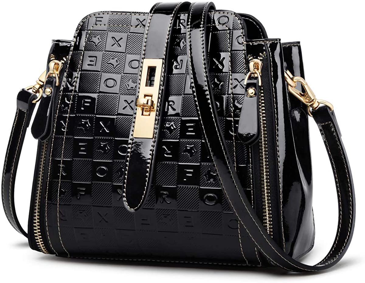 Price:$56.99    Leather Crossbody Bags for Women, Genuine Leather Alphabet Pattern Medium Size Ladies Fashion Shoulder Bags Women's Casual Messenger Bags Womens Real Leather Zipper Satchel Purses (Black)  Clothing