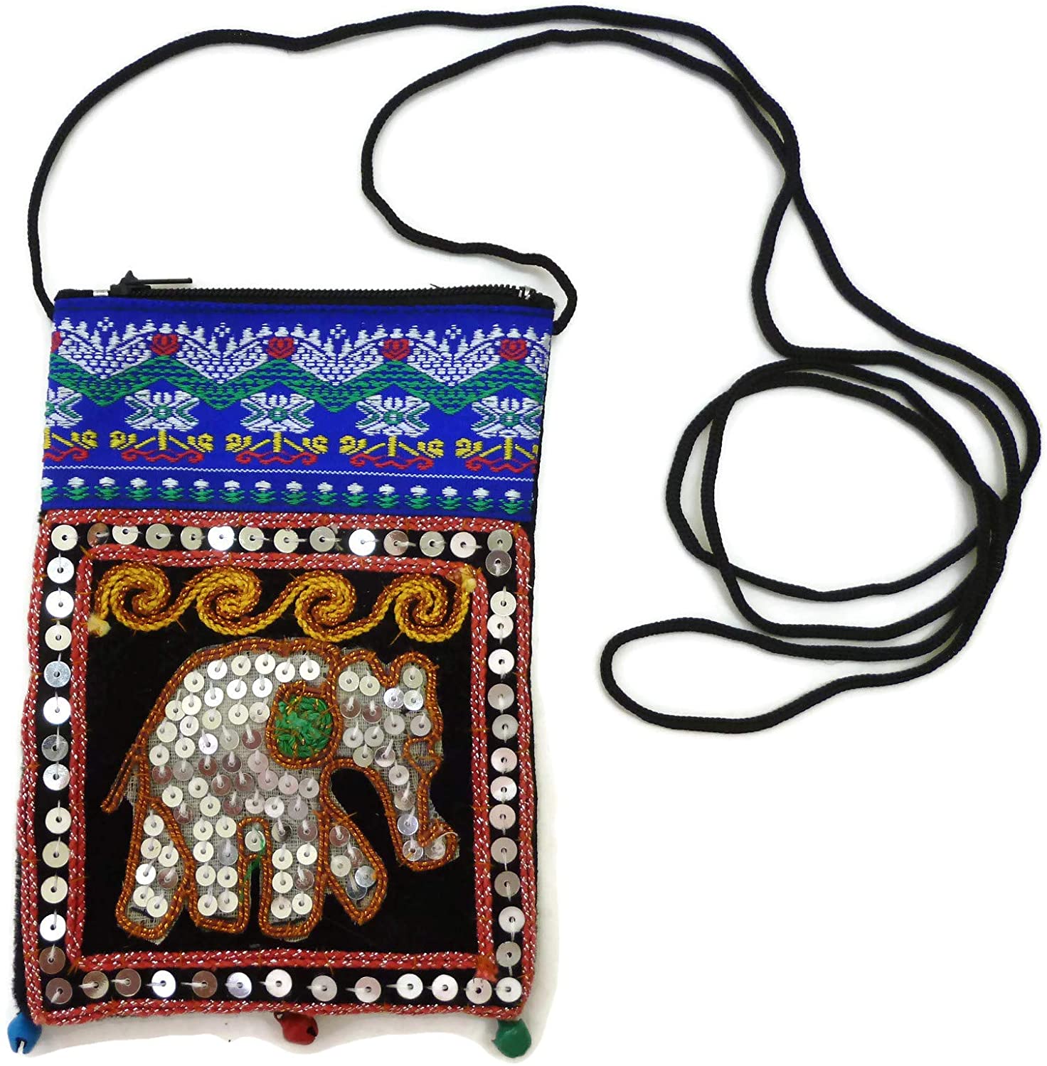 Price:$8.35 Moose546 Hmong Handbag Sequins Neck Wallet Embroidered Elephant Ethnic Necklace Purse Pouch for Girls BG-024 (Blue)  Handbags   