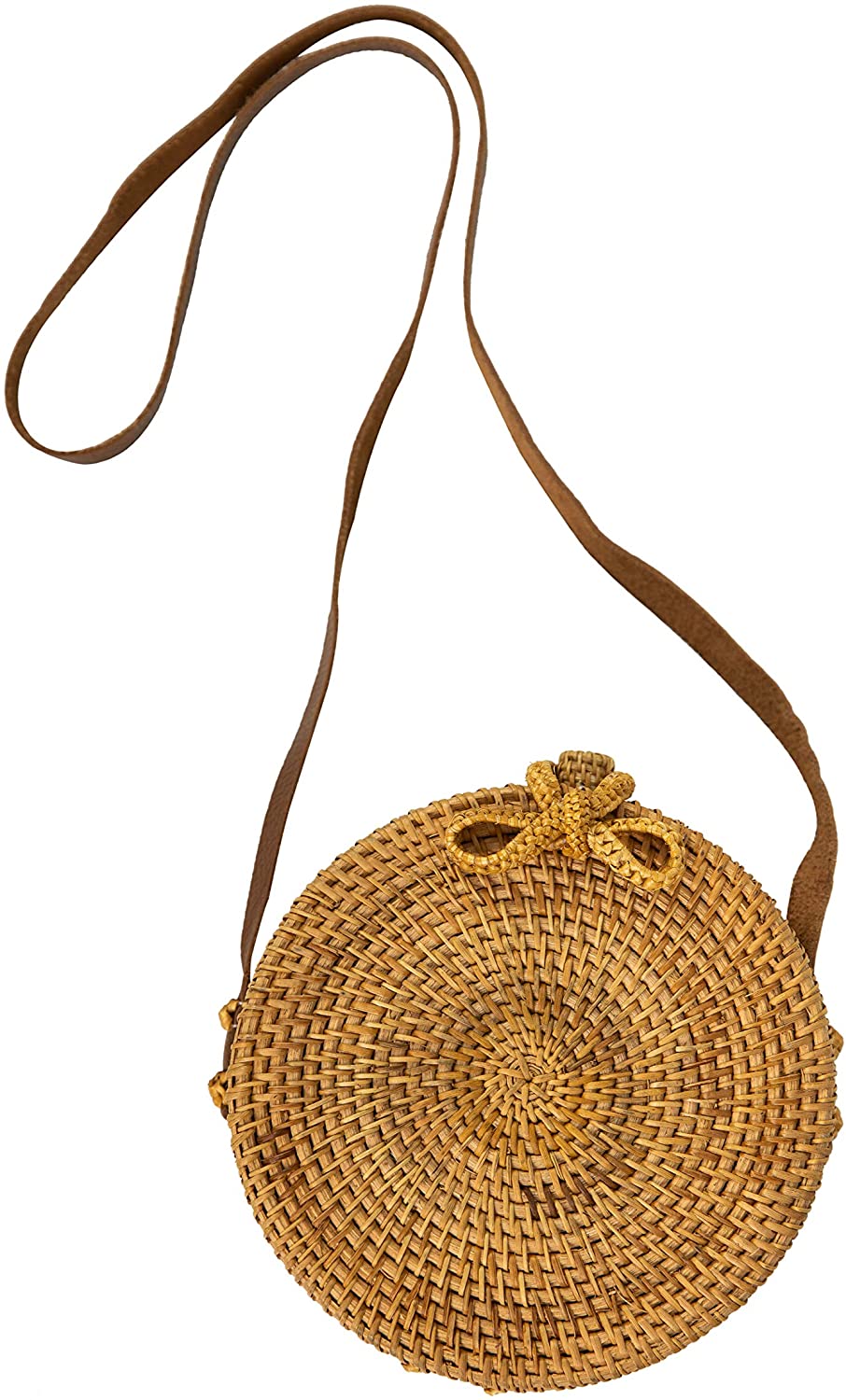 Price:$24.99 Handwoven Round Rattan Bag Shoulder Crossbody Genuine Leather Straps Natural Chic by VINTAGOUS  Handbags   