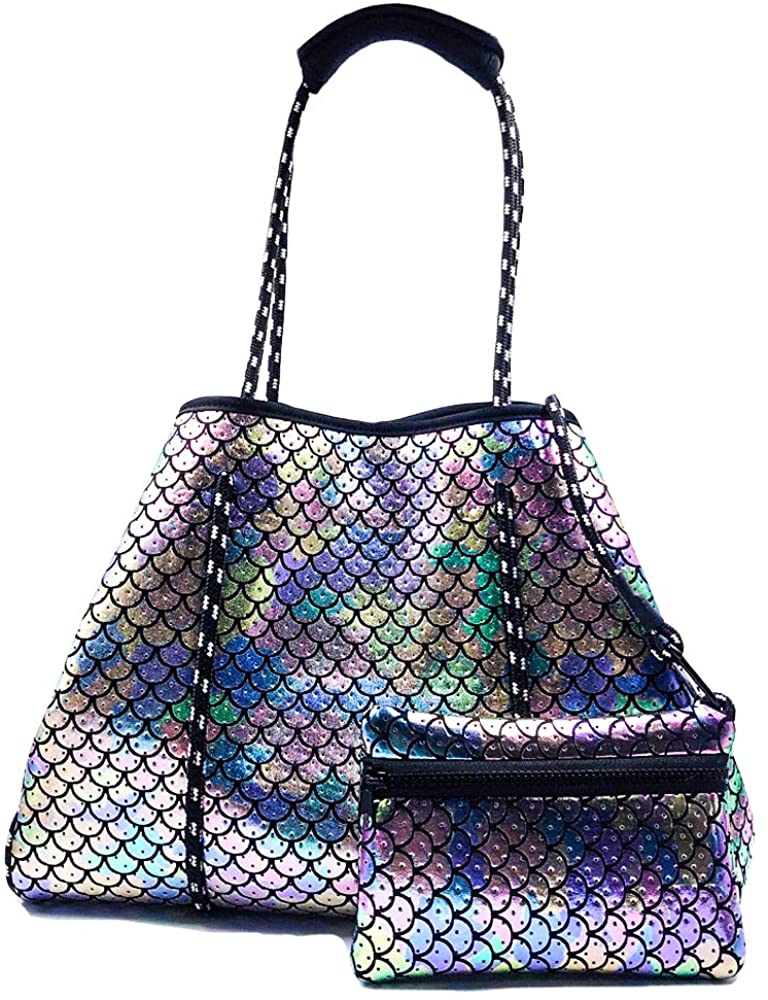 Price:$21.49    Sqodok Neoprene Tote Bag for Women Girls, Multipurpose Beach Bag Large Shoulder Bag for Gym Pool Travel Daily Use, Wrap-Around Cushion Handle, Magnetic Snaps and Movable Board, Mermaid  Clothing