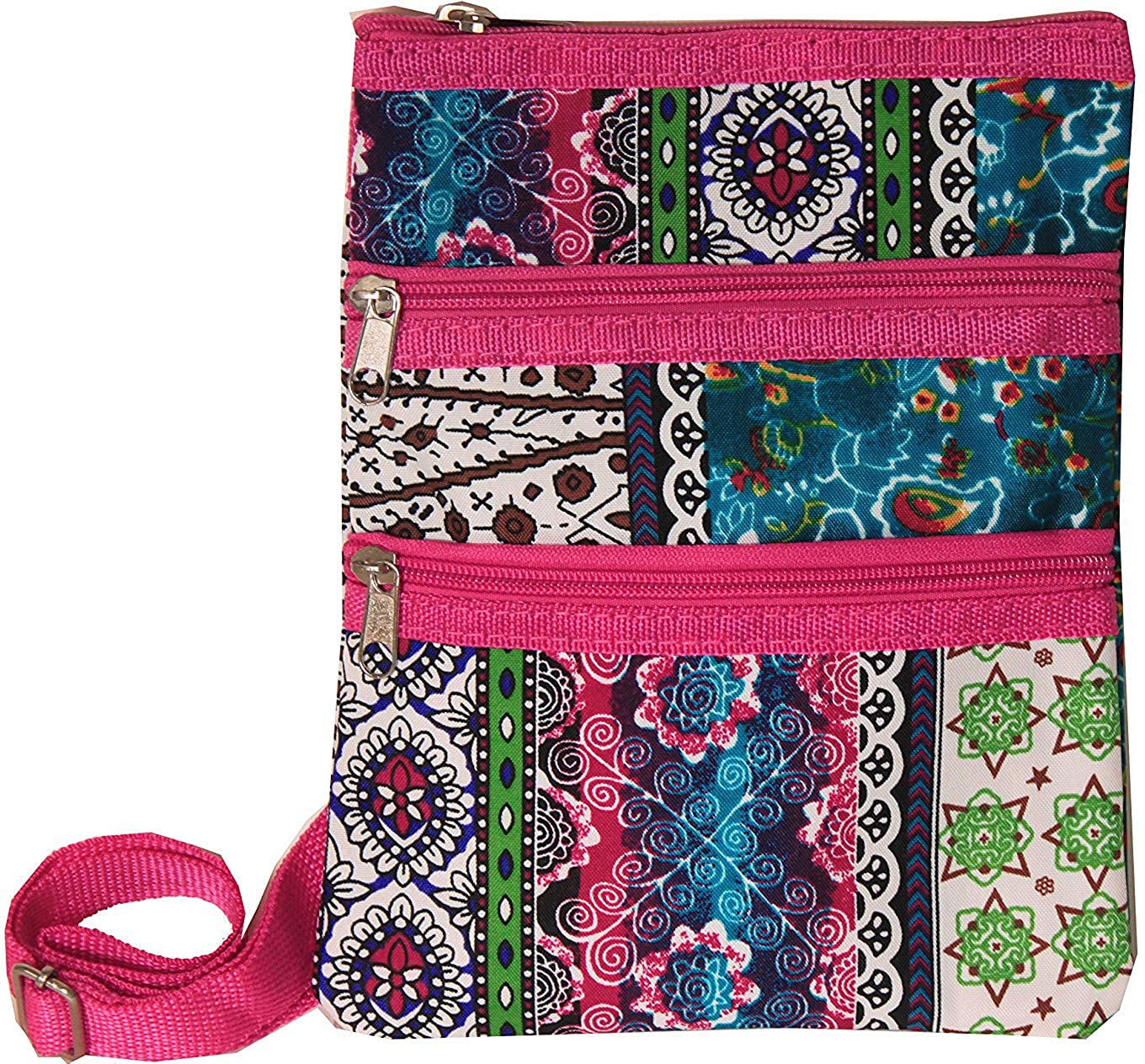 Price:$11.99 Boho Patchwork Print with Hot Pink Trim Small Hipster Cross Body Shoulder Bag Purse Handbag  Handbags   
