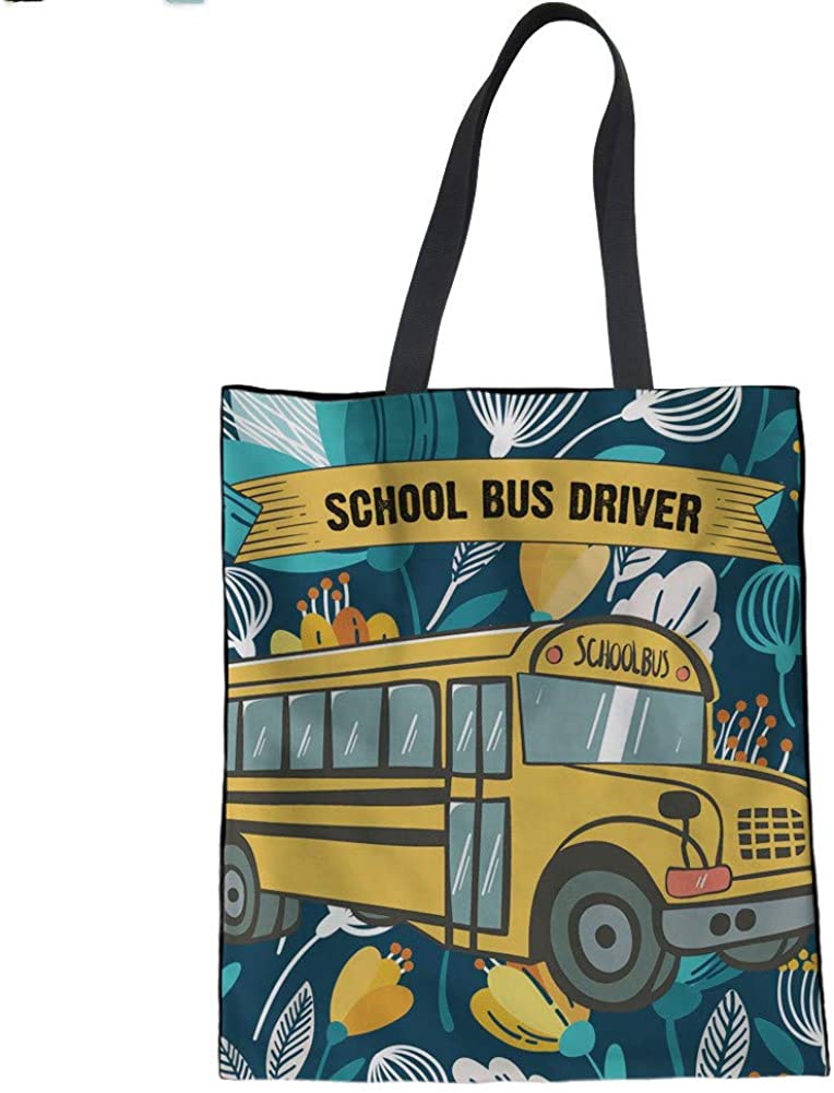 Price:$8.99    HUGS IDEA Women's Canvas Totes School Bus Driver Print Shoulder Shopping Bag Cloth Handbag  Clothing