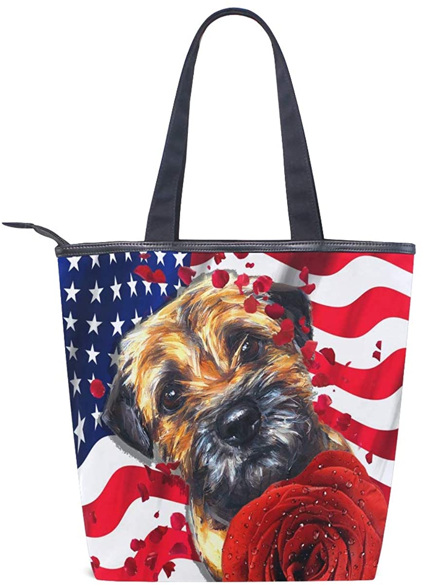 Price:$19.90    Patriotic Puppy Handbag Shoulder Tote - Women's Dog Print Bag Handle Canvas Purse Border Terrier Purse Beach Bag  Clothing