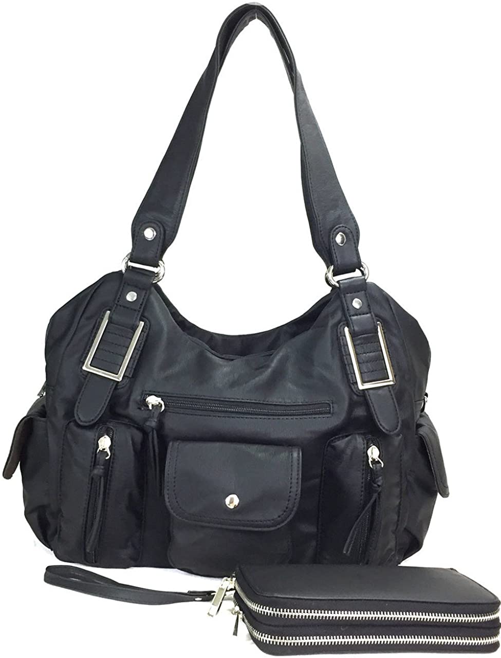 Price:$40.99    Zzfab Super Soft Multi Pockets Wash Leather Bag Set Black  Clothing