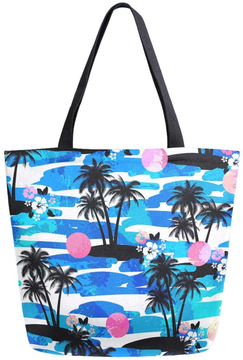 Price:$15.99    ZzWwR Tropical Palm Tree Ocean Wave Pattern Large Canvas Shoulder Tote Top Handle Bag for Gym Beach Travel Shopping  Clothing