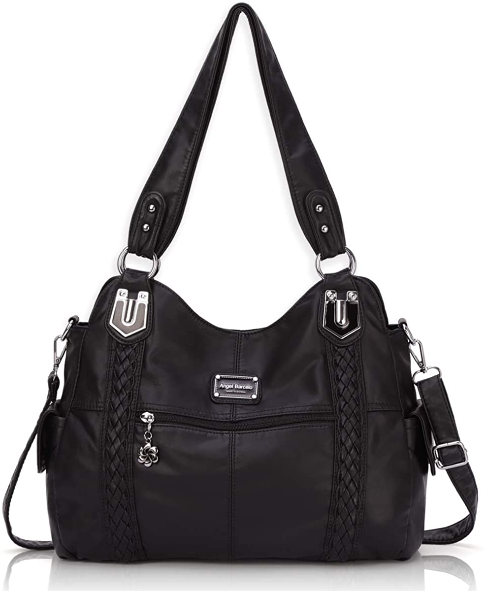 Price:$33.99    Angel Barcelo Roomy Fashion Hobo Womens Handbags Ladies Purse Satchel Shoulder Bags Tote Washed Leather Bag Black  Clothing