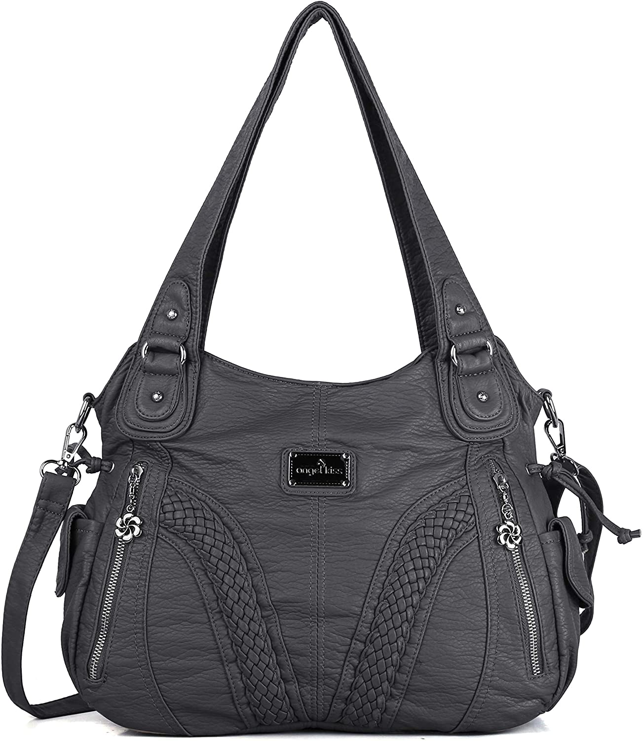 Price:$33.30    Angelkiss Women Top Handle Satchel Handbags Shoulder Bag Messenger Tote Washed Leather Purses Bag (D.Grey) …  Clothing