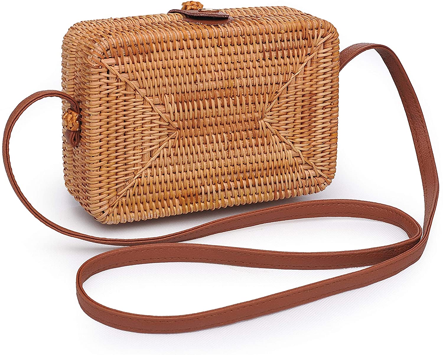 Price:$25.00 SAIGON CHIC Handwoven Rectangular Rattan Bag Shoulder Leather Straps Natural Chic | Rectangular Handmade Bag | Woven Straw Crossbody Wicker Purse for Women  Handbags   