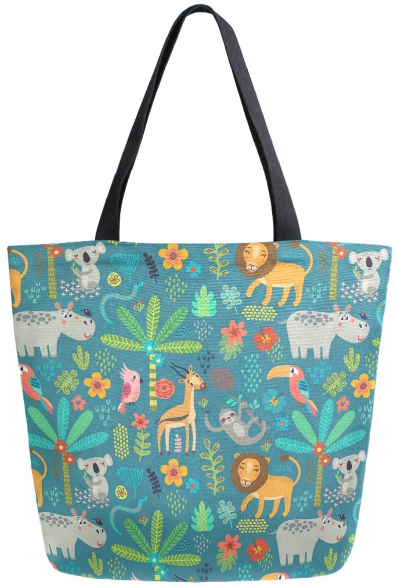 Price:$15.99    ZzWwR Cute Cartoon Forest Koala Birds Deer Lion Animal Extra Large Canvas Shoulder Tote Top Handle Bag for Gym Beach Weekender Travel Shopping  Clothing