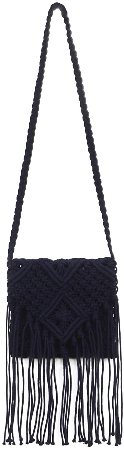Price:$28.99 QTKJ Women's Crochet Square Crossbody Bag Hand-Woven Boho Tassels Summer Beach Cotton Messenger Shoulder Bag with Zipper (Blue)  Handbags   