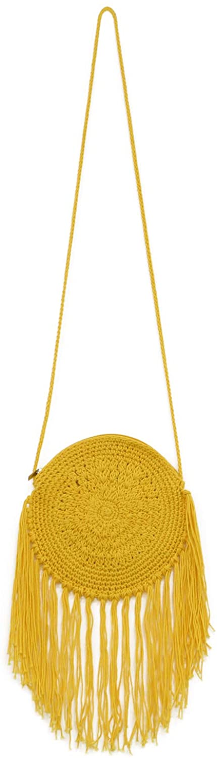 Price:$9.99 QTKJ Boho Long Cotton Tassels Crochet Zipper Mini Crossbody Bag Handwoven Summer Beach Round Shoulder Bag (Yellow)  Handbags   