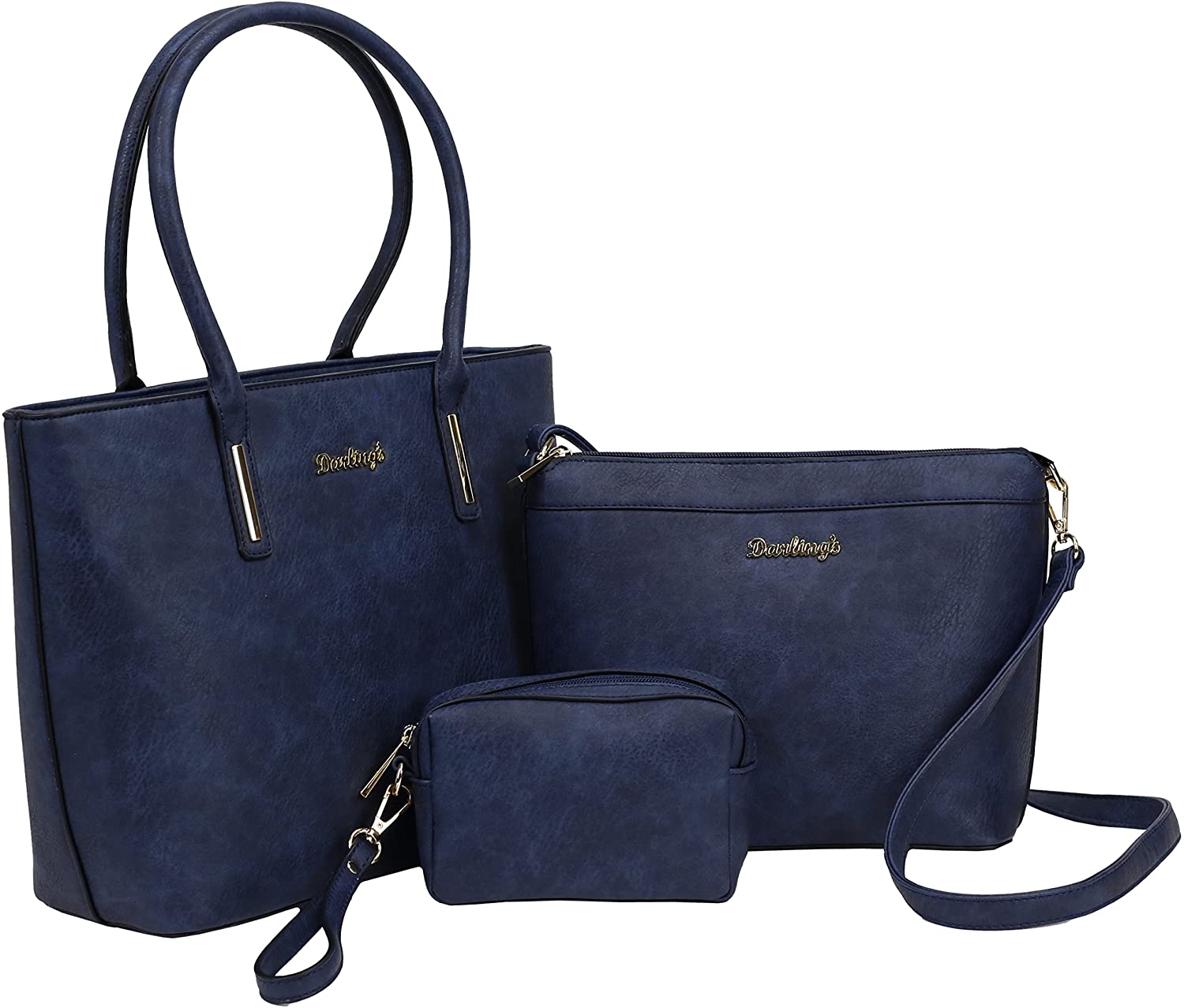 Price:$23.49    Darling's Classic Faux Leather Designer Carryall Tote - 3 Piece Shoulder Crossbody Carry Bag Set - Large, Medium & Small Navy  Clothing