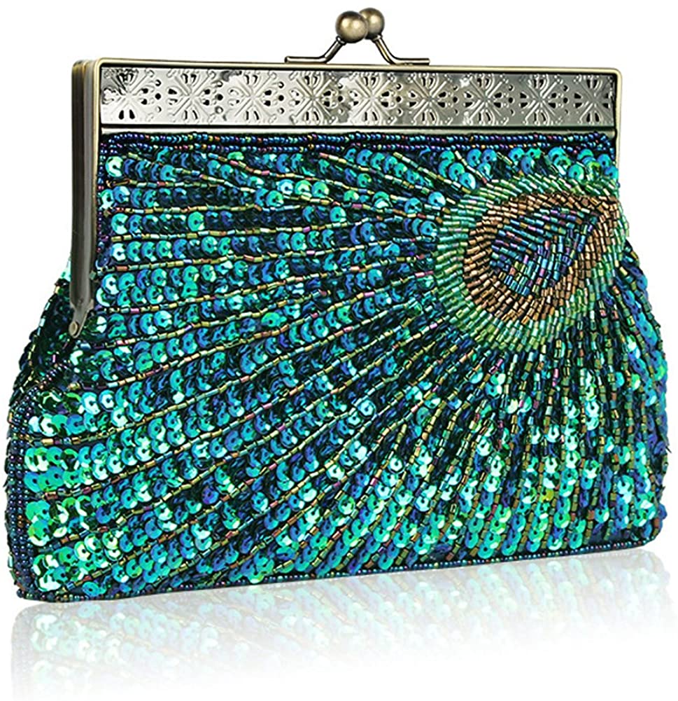 Price:$23.99 Women's Dazzling Sequins Beaded Evening Bag Peacock Clutch Handbag Chain Shoulder Bag for Wedding Bridal Party Prom  Handbags   