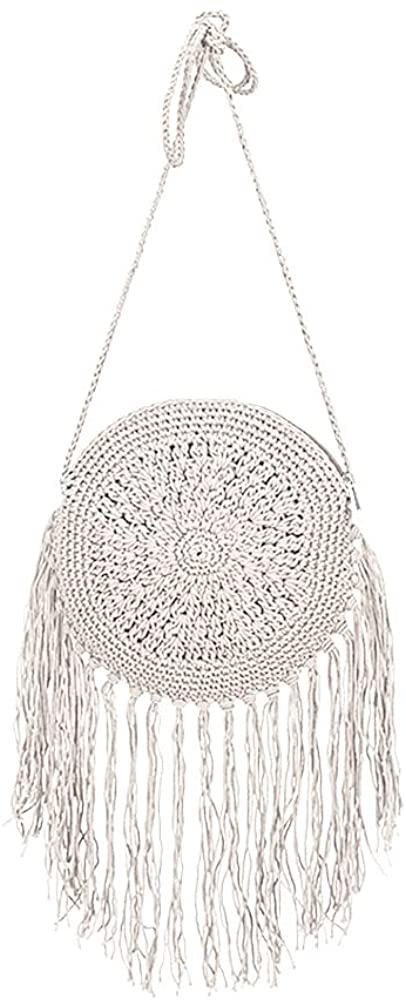 Price:$21.99 QTKJ Boho Long Cotton Tassels Crochet Flower Mini Crossbody Bag Handwoven Summer Beach Round Shoulder Bag with Zipper (White)  Handbags   