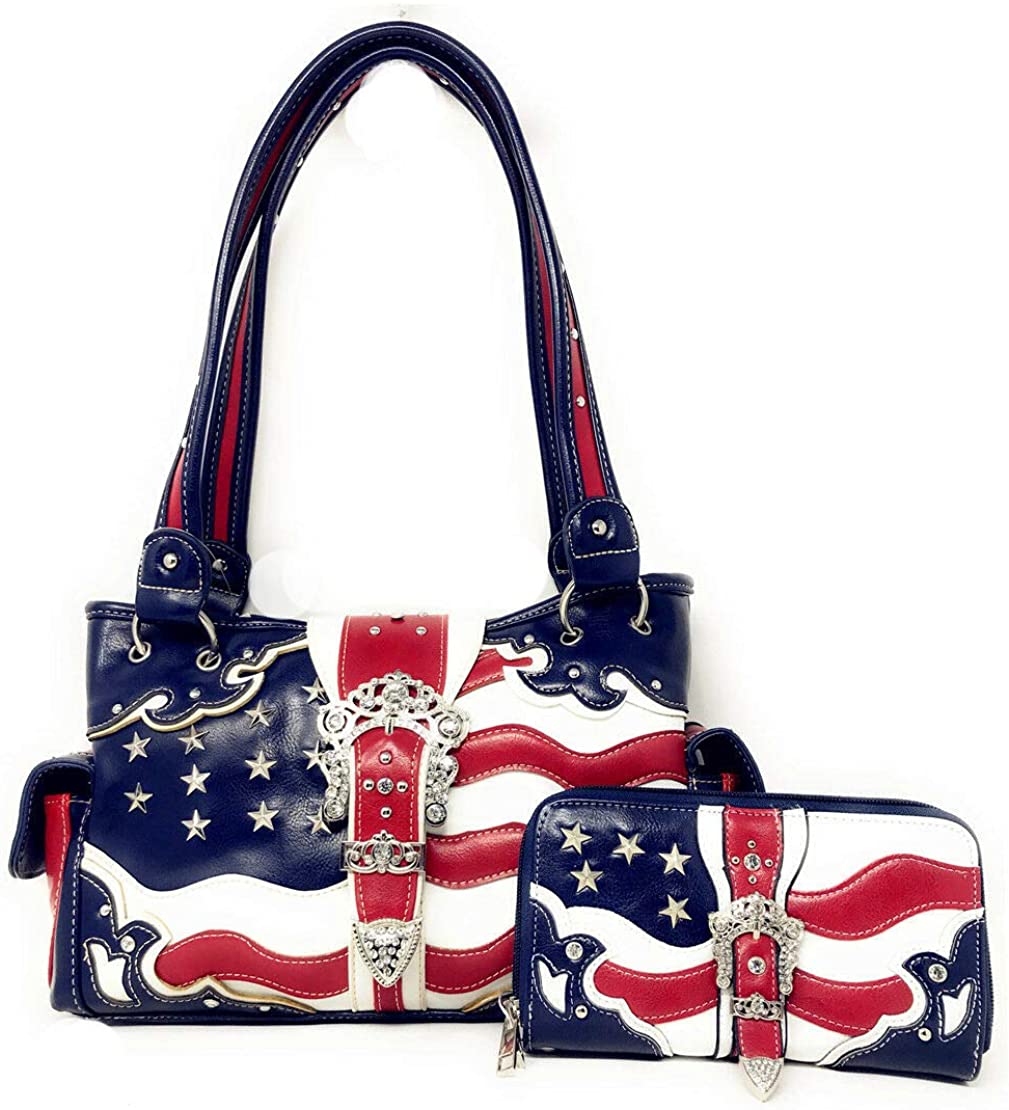Price:$59.50 women american flag handbag set concealed carry rhinestone belt buckle patriot (Blue)  Handbags   