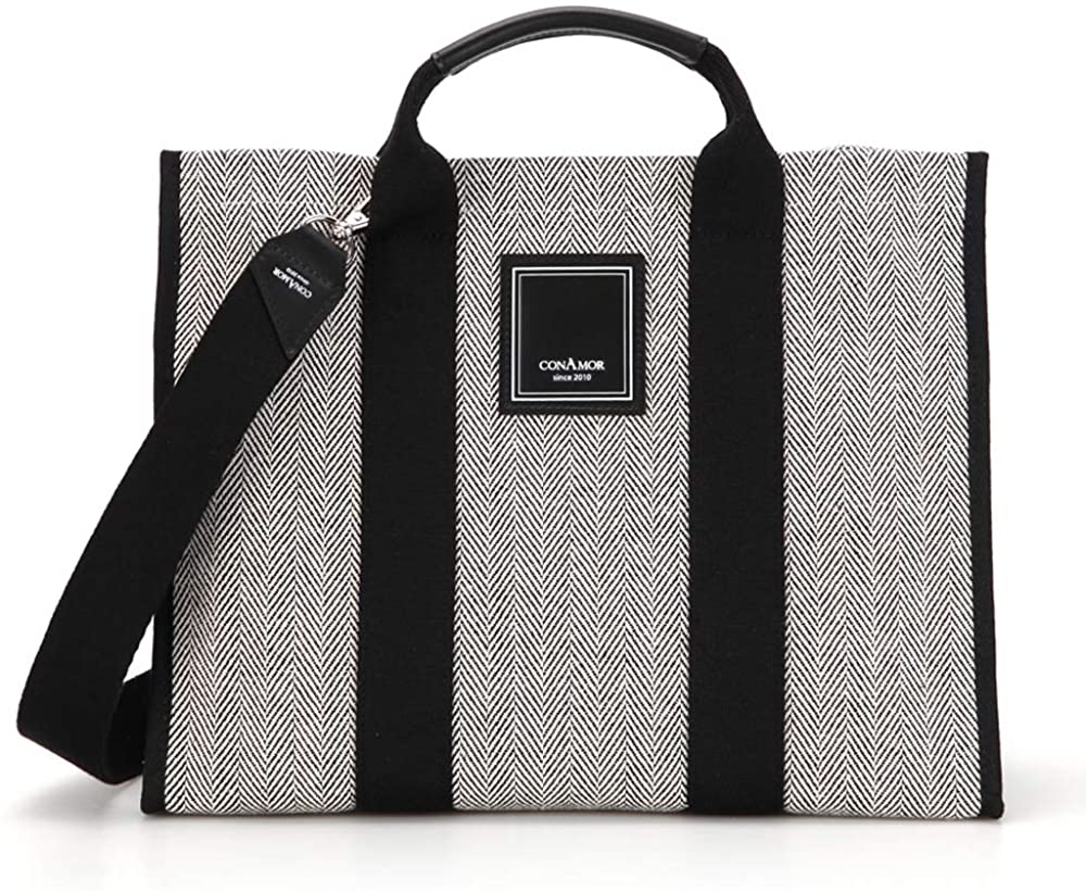 Price:$108.00    CONAMOR Grace Black Tote Bag, Casual Shoulder Strap Crossbody Herringbone Pattern Bag, 2-Way Handbag  Clothing