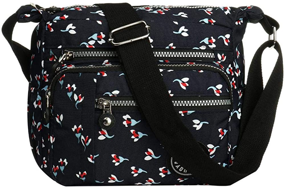 Price:$14.99    Womens Multi Pocket Messenger Cross Body Bag Casual Nylon Shoulder Bag for Shopping Travel Hiking Daily Use (Flower Black)  Clothing