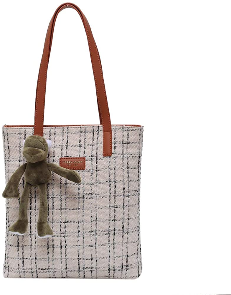 Price:$23.99    Ladies Woolen Plaid One-Shoulder Small Square Bag, Plaid Handbag, Suitable For Shopping/Work/School/Travel, 12.2x1.9x13.7in (creamy-white)  Clothing
