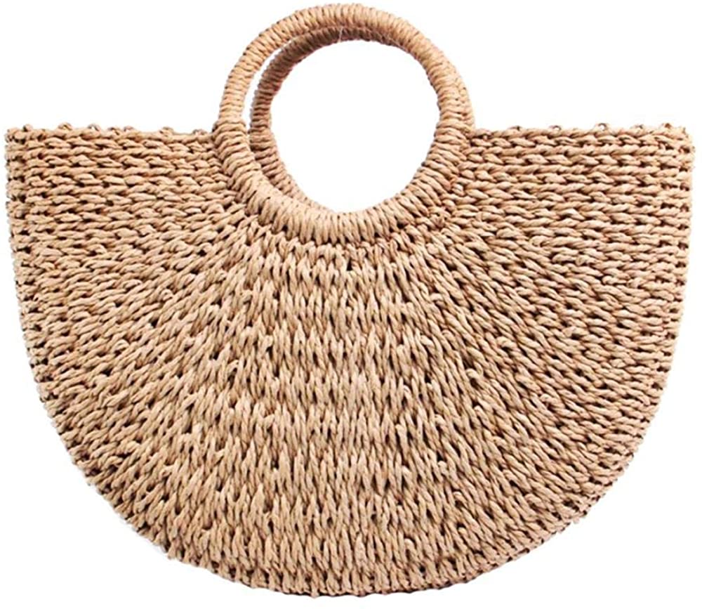 Price:$16.99    Straw Bag Large Woven Summer Bag Women Round Handle Ring Tote Retro Summer Beach Shoulder Bag (Brown)  Clothing