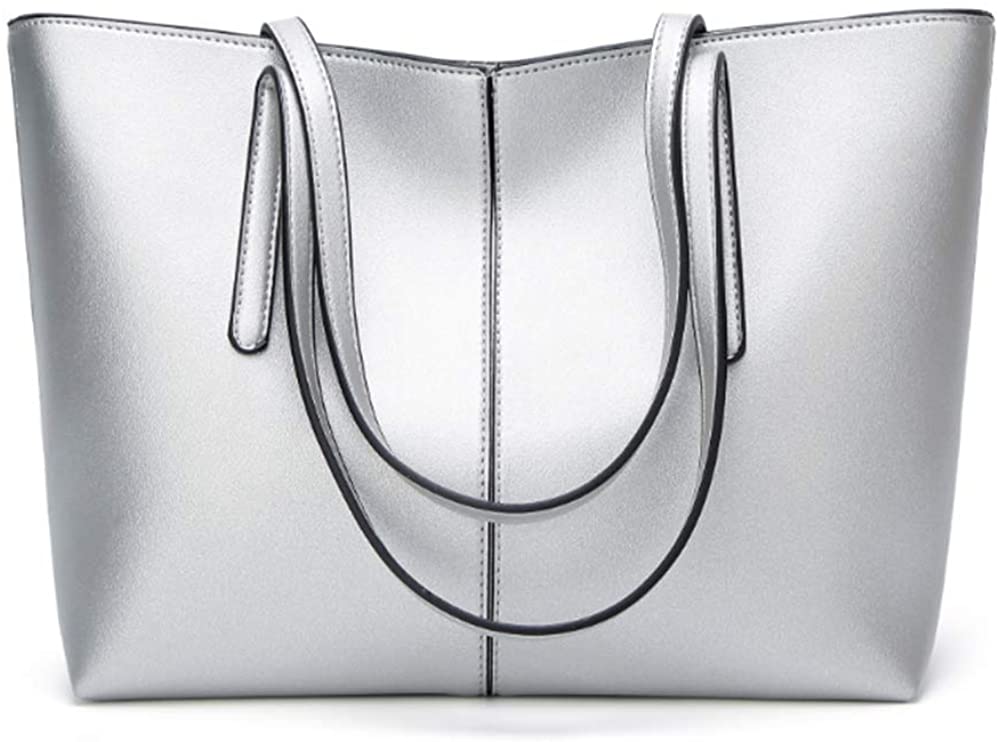 Price:$27.99    The new bag is fashionable, simple, versatile, large-capacity tote bag, handbag, shoulder tote bag, PU women's bag. (Silver)  Clothing