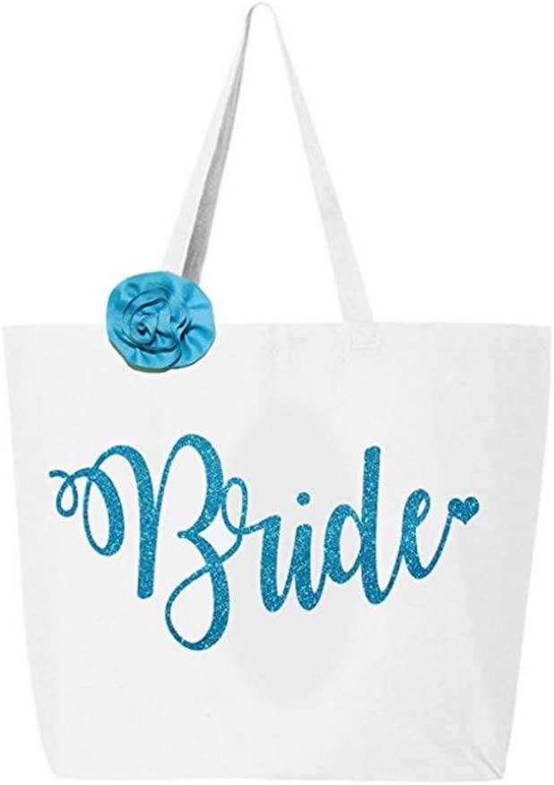 Price:$18.00    Classy Bride Glitter Tote Bride Bag - White and Aqua  Clothing