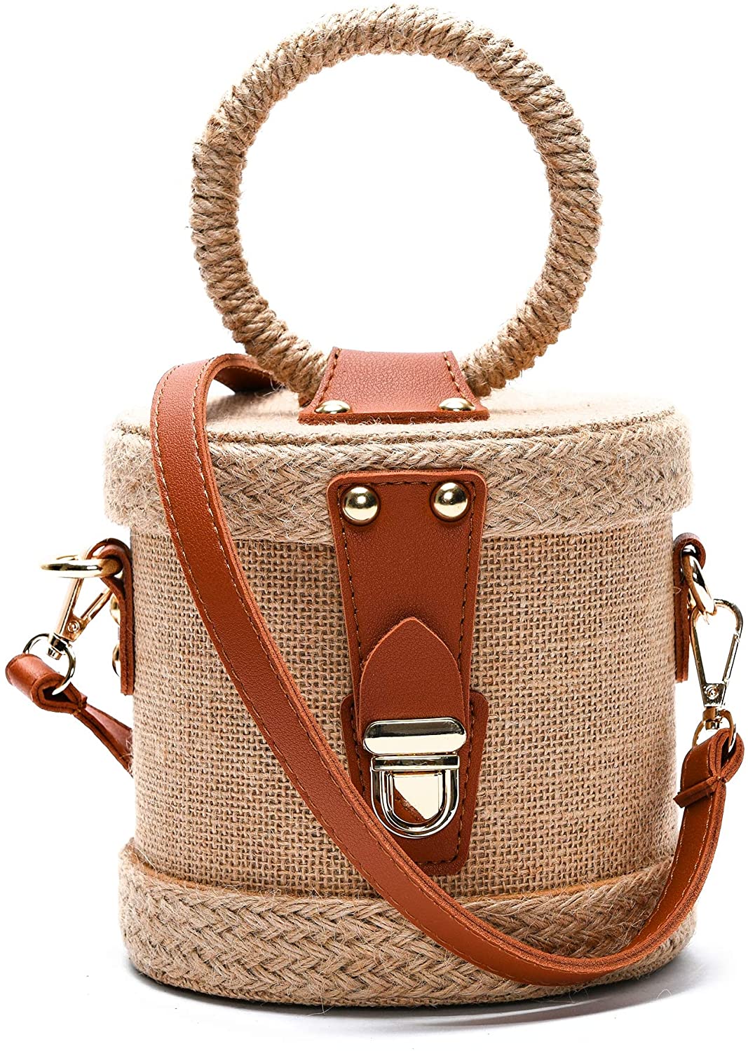 Price:$25.99 Gunny Bucket Hand/Shoulder Bag with leather details and strap (BEIGE)  Handbags   
