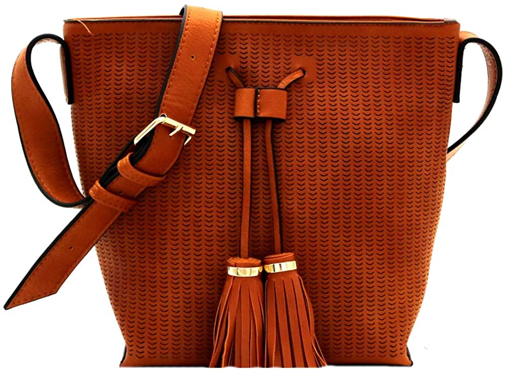 Price:$29.98 Soft PU Leather Tassel Accent Laser-Cut Medium Bucket Boho Crossbody Shoulder Bag  Handbags   