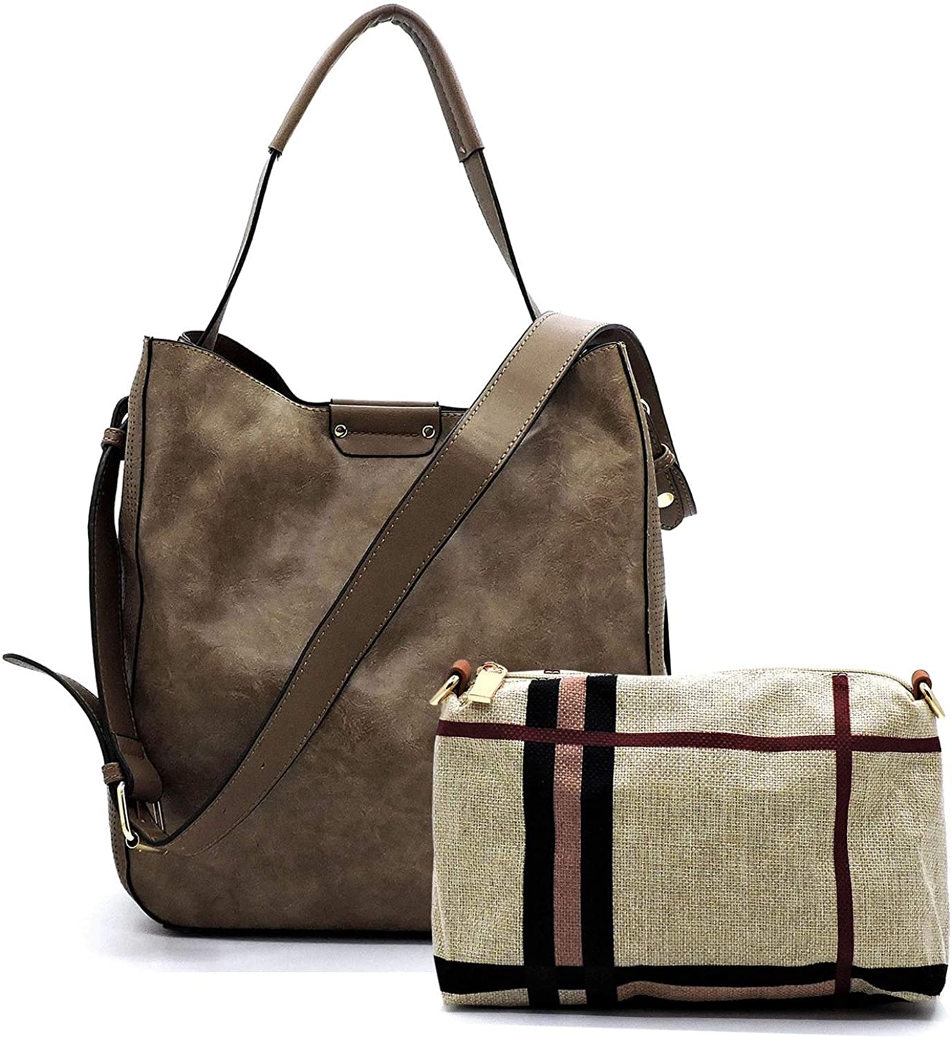 Price:$34.99    Vegan Faux Soft Leather Shoulder Hobo Bags with Plaid Crossbody Pouch Set (Stone)  Clothing