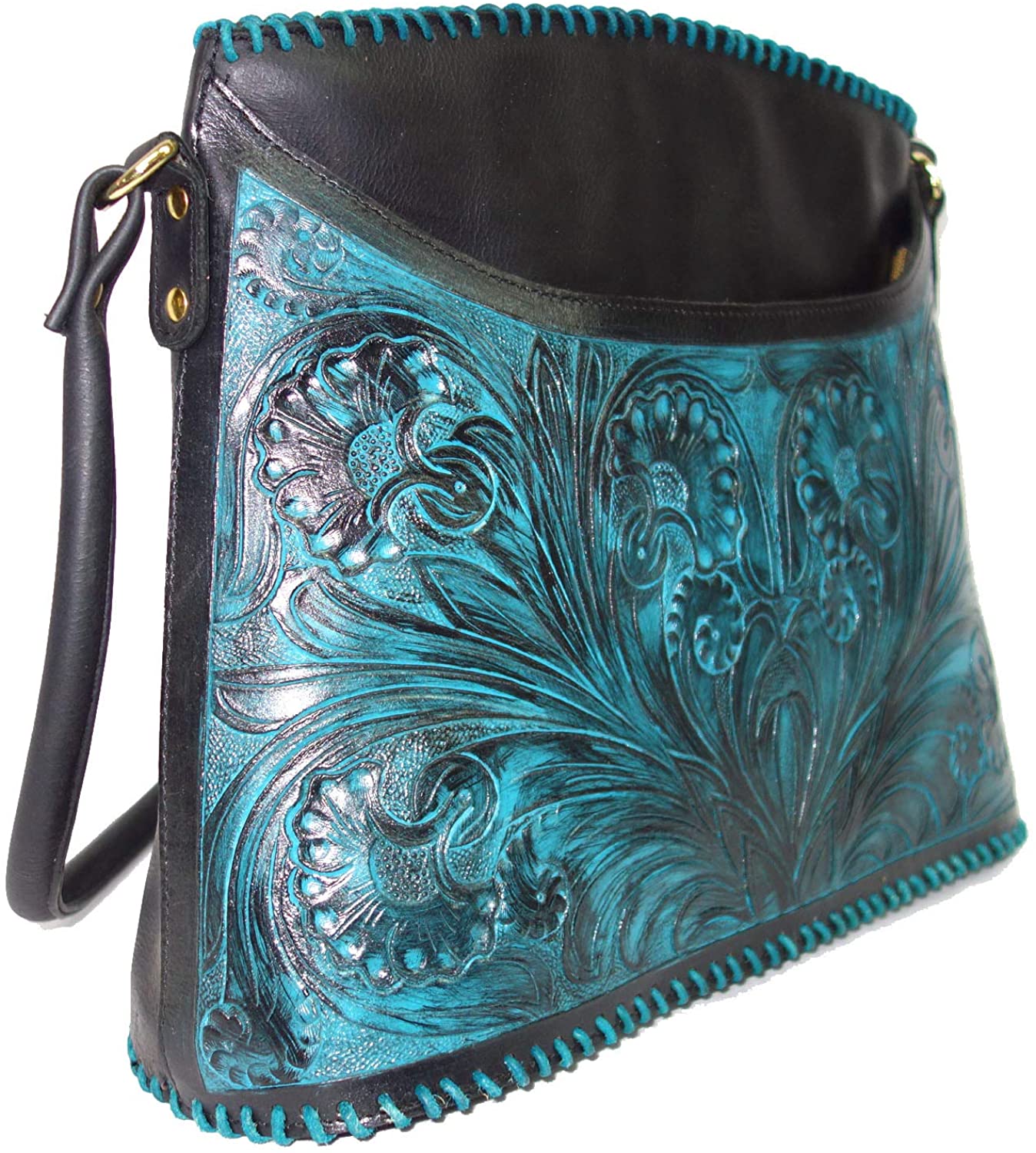 Price:$59.99 Leather bag Hand Crafted and Color, Shoulder Bag for Woman Vintage Finish, Black & Turquoise  Handbags   
