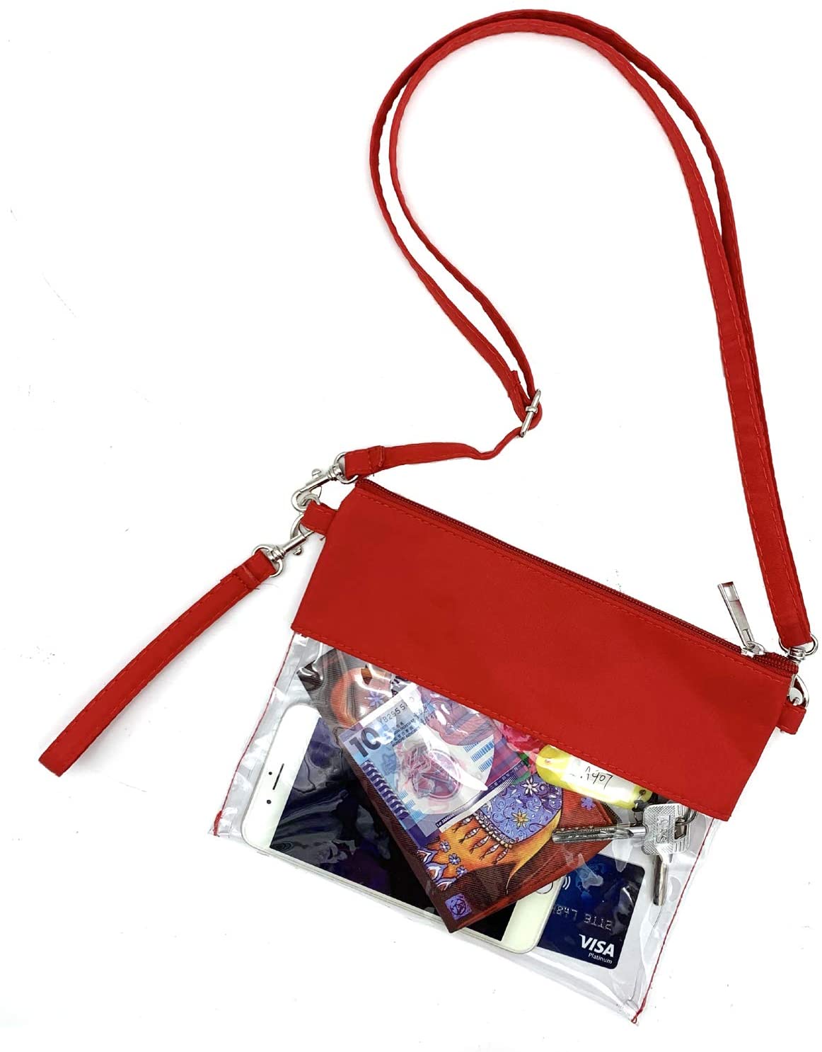 Price:$8.59   | VIEEL Clear Tote Bag - Adjustable Shoulder Strap and Zippered Top, Stadium Security Travel & Gym Crossbody Purse Bag, Perfect for Work, School, Sports Games (Red) | Gym Totes