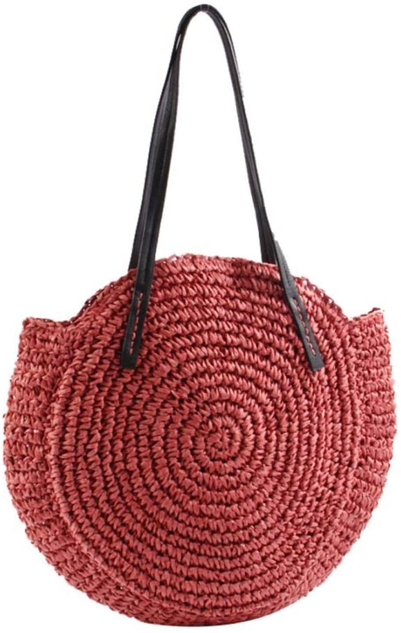 Price:$19.99    Women's Straw Handbags Large Summer Beach Tote Woven Round Pompom Handle Shoulder Bag (Red)  Clothing