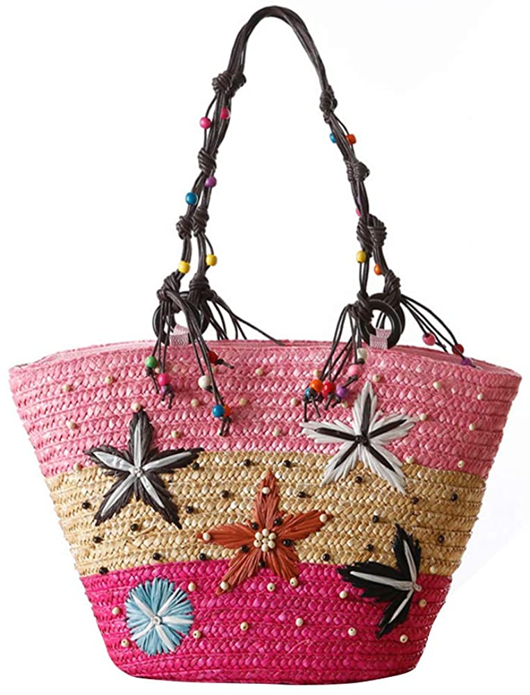 Price:$19.88    Women Straw Shoulder Bag Flower Straw Beach Tote Handbag, Starfish Bag for Shopping Outdoor (Pink）  Clothing
