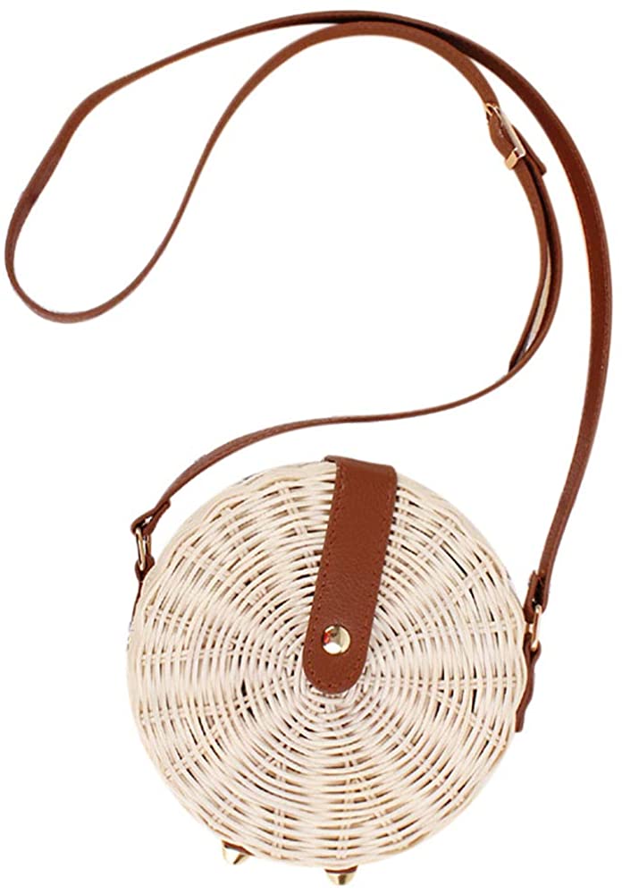 Price:$19.99 HIKEL Round Rattan Bag Leather Shoulder Straps Straw Bag for Womens, Beach Travel Woven bag, Summer Cross Body Bag Lady Bag  Handbags   