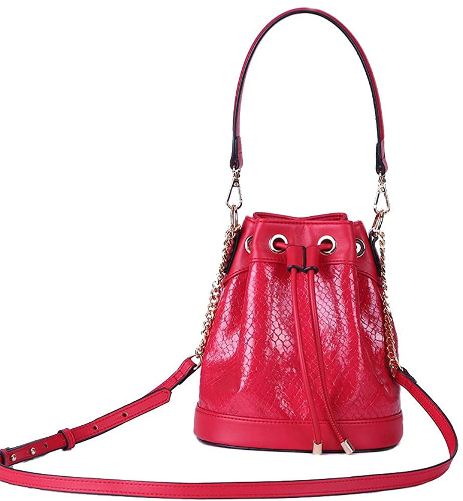 Price:$16.99 Girls Snake Faux Leather Cross Body Drawstring Bag Hand Shoulder Lady Bag (Red)  Handbags   