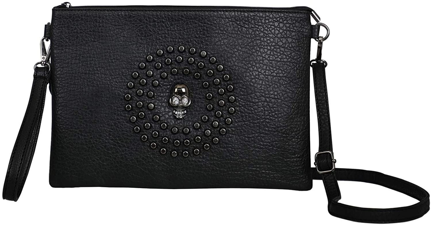 Price:$25.99 Lyla Raine Women's Simple Large Envelope Clutch Bag Skull Studded Shoulder Crossbody Bag Casual Black Wristlet  Handbags   